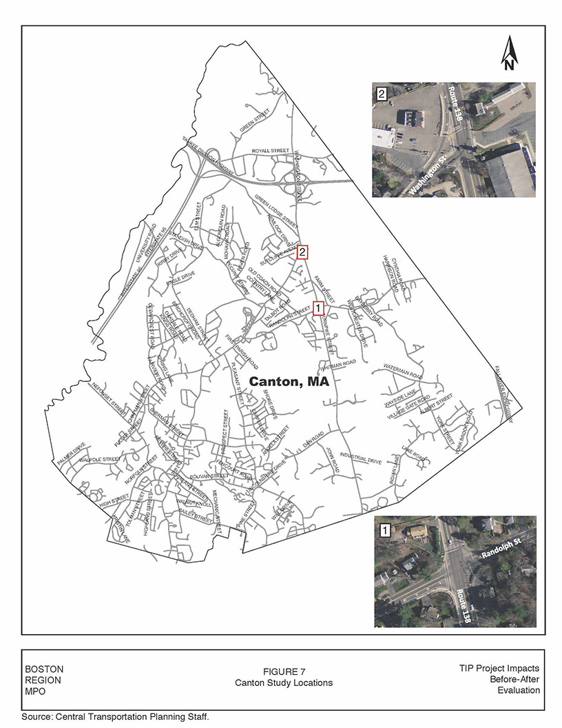 FIGURE 7. Canton Study LocationsFigure 7 is a GIS map of the Town of Canton and includes inserts for two aerial images. The two aerial images illustrate the Canton study intersections (Route 138 at Randolph Street and Route 138 at Washington Street).